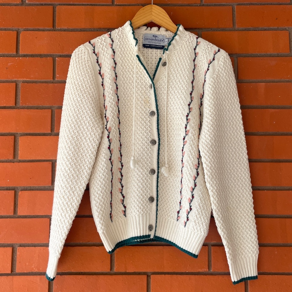 Vtg SUSAN BRISTOL Hand Embroided Grandma Core Cardigan Sweater Flowers Size L